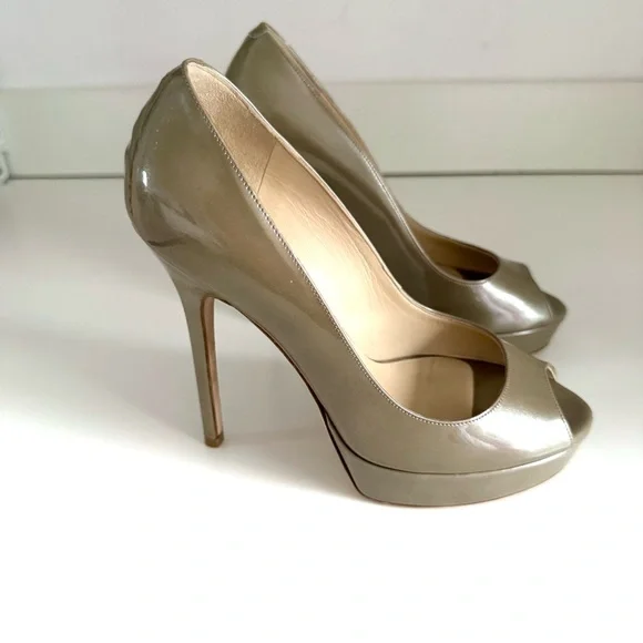 Jimmy Choo Crown Beige Khaki Patent Leather Peep Toe Platform Heels size 5.5 - Picture 7 of 16